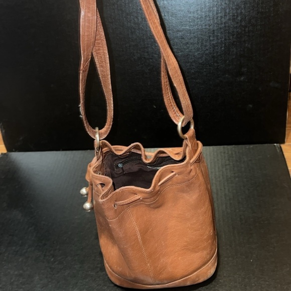 Vintage Brown Leather Drawstring Bucket Bag with Silver Hardware - Picture 9 of 9